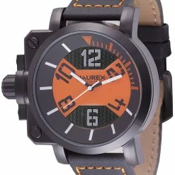 Haurex Italy Gun Men's Watch, Ipb Case, Black/Orange Dial, Black with Orange Leather Strap