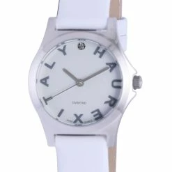 Haurex Italy Women's 6A505DSW "Mini City" Diamond-Accented Stainless Steel Watch with White Leather Band