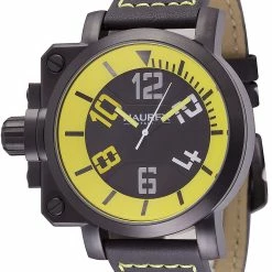 Haurex Italy Gun Men's Watch, Ipb Case, Black/Yellow Dial, Black with Yellow Leather Strap