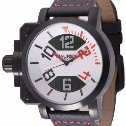 Haurex Italy Gun Men's Watch Steel Case, Black/Red Dial, Black with Red Leather Strap